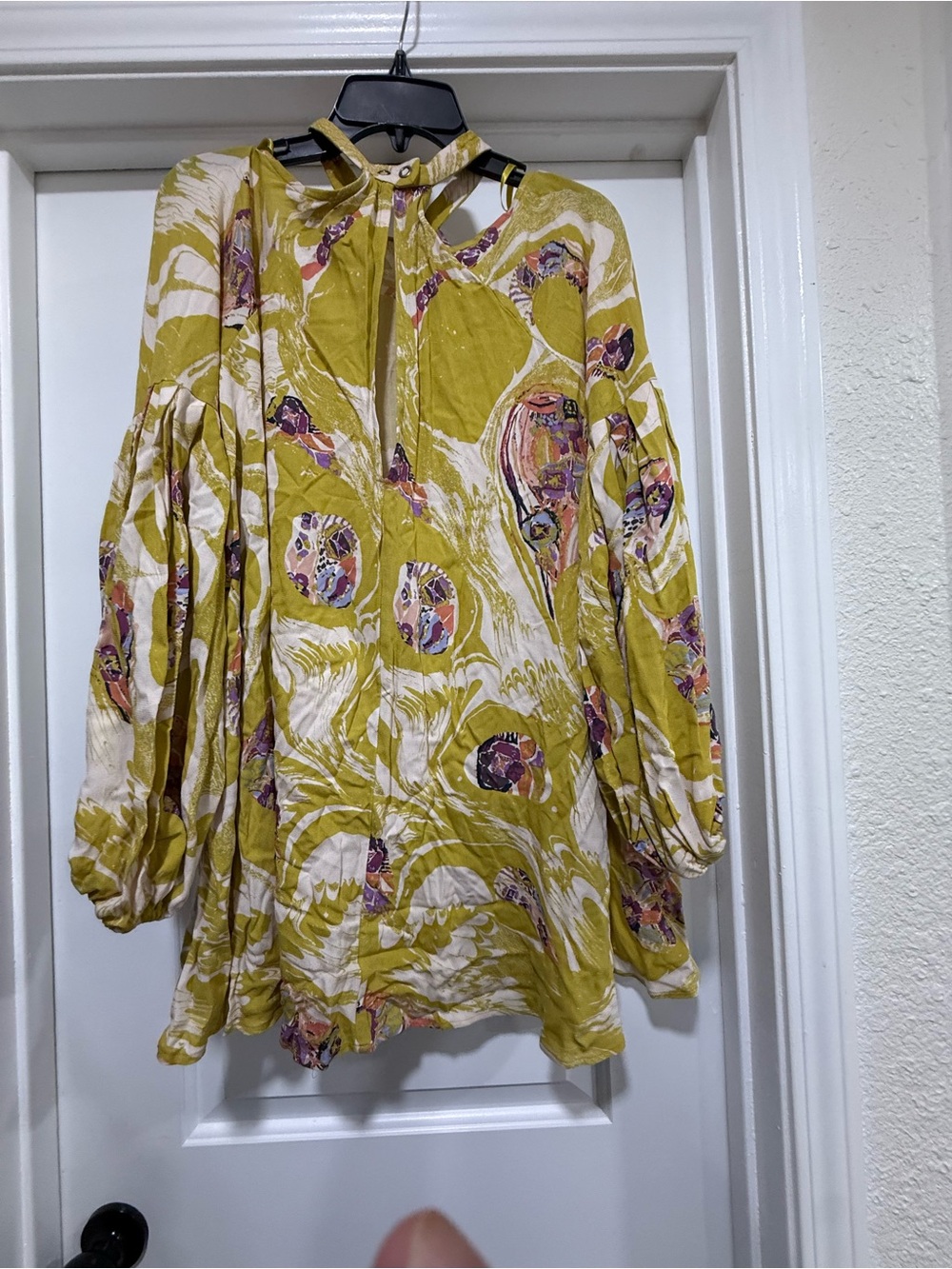 Free People Olive Green Abstract Print Long Sleeve Blouse - Picture 2 of 5